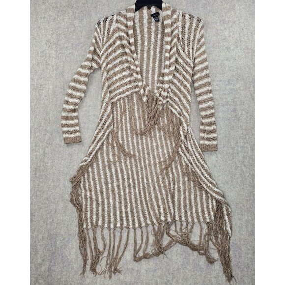 Rue21 Striped Fringe Open Front Cardigan Sweater Medium Beige - Picture 1 of 6